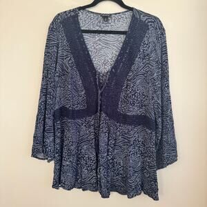 Torrid Babydoll Gauze Crochet trim Lace Up Top Blue V-Neck Long Sleeve Sz 2X